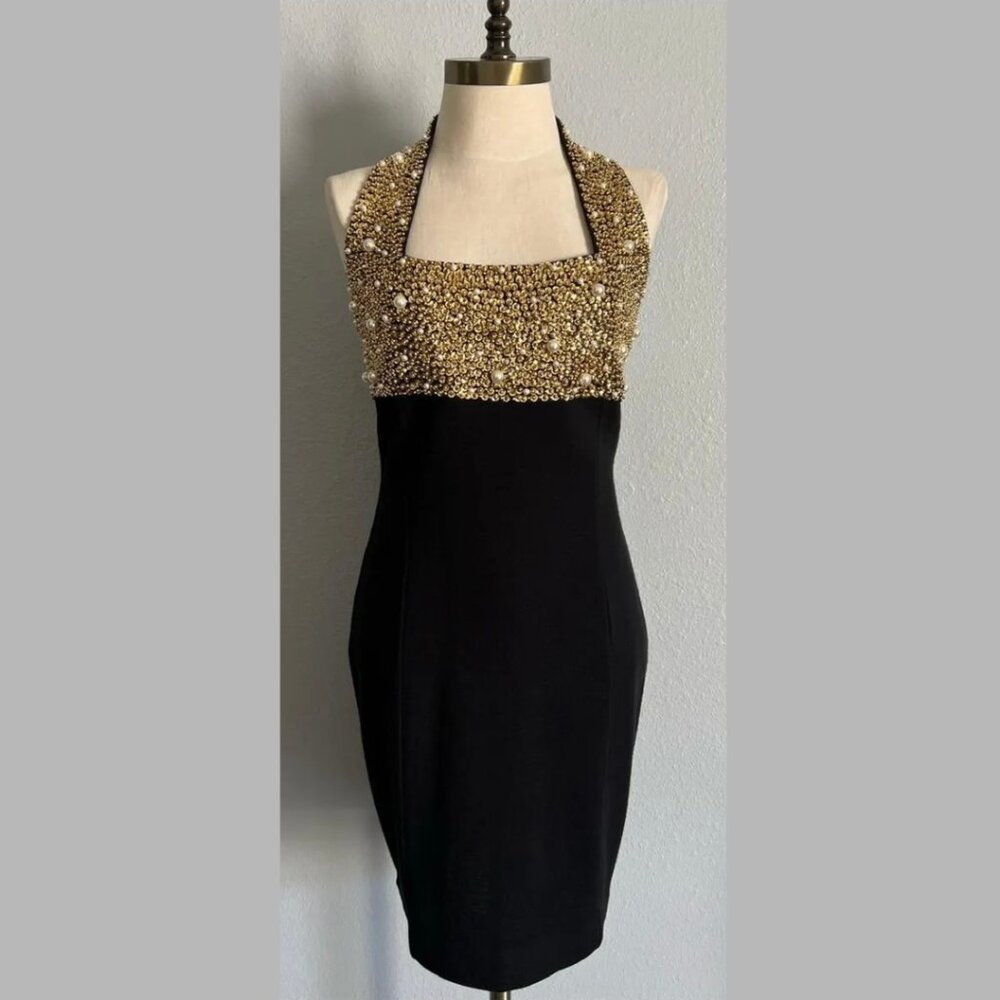 Vintage 1990’s “Outlander” Black Wool Blend Halter Dress with Gold Sequins